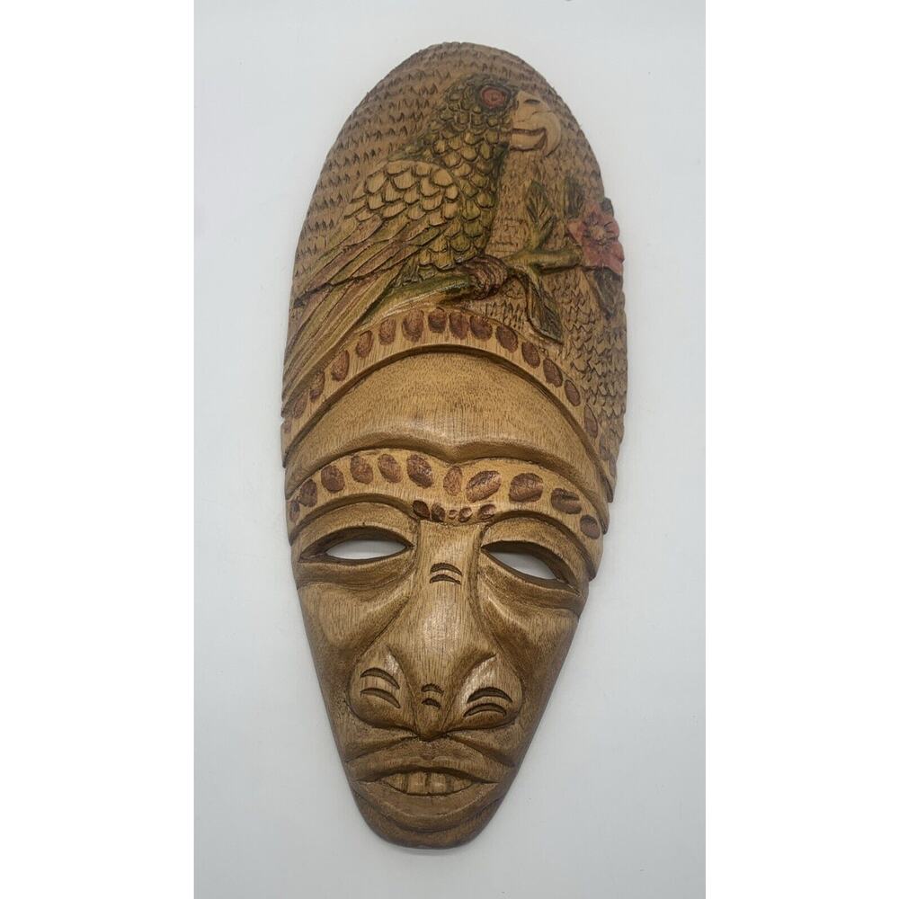 African Wood Carved And Painted Tribal Mask Parrot Head Dress 15” X 6”